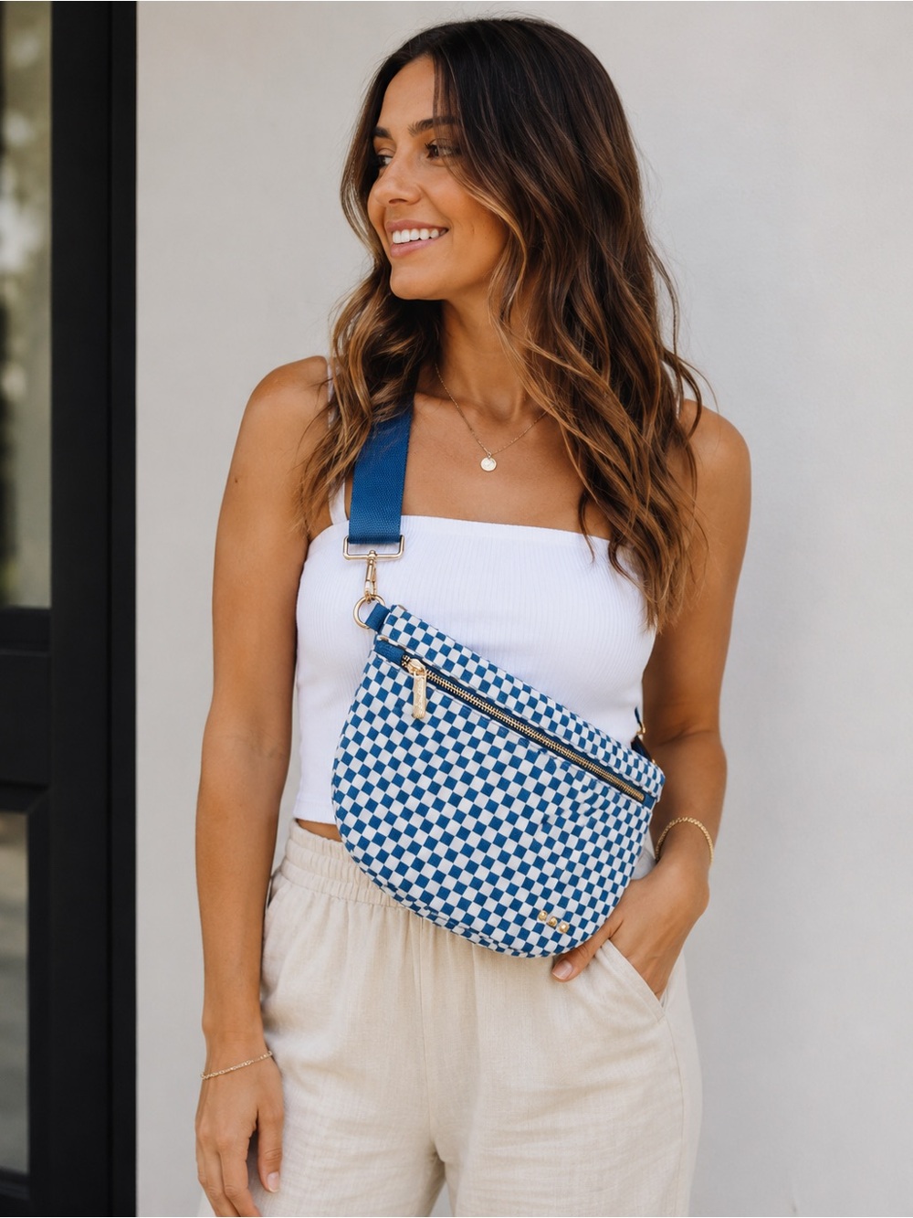 Pretty Simple Westlyn Woven Bum Bag Vegan Leather Checkered Royal Blue Adjust